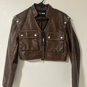 Fashion Nova Cropped Brown Leather Jacket with Zipper Closure